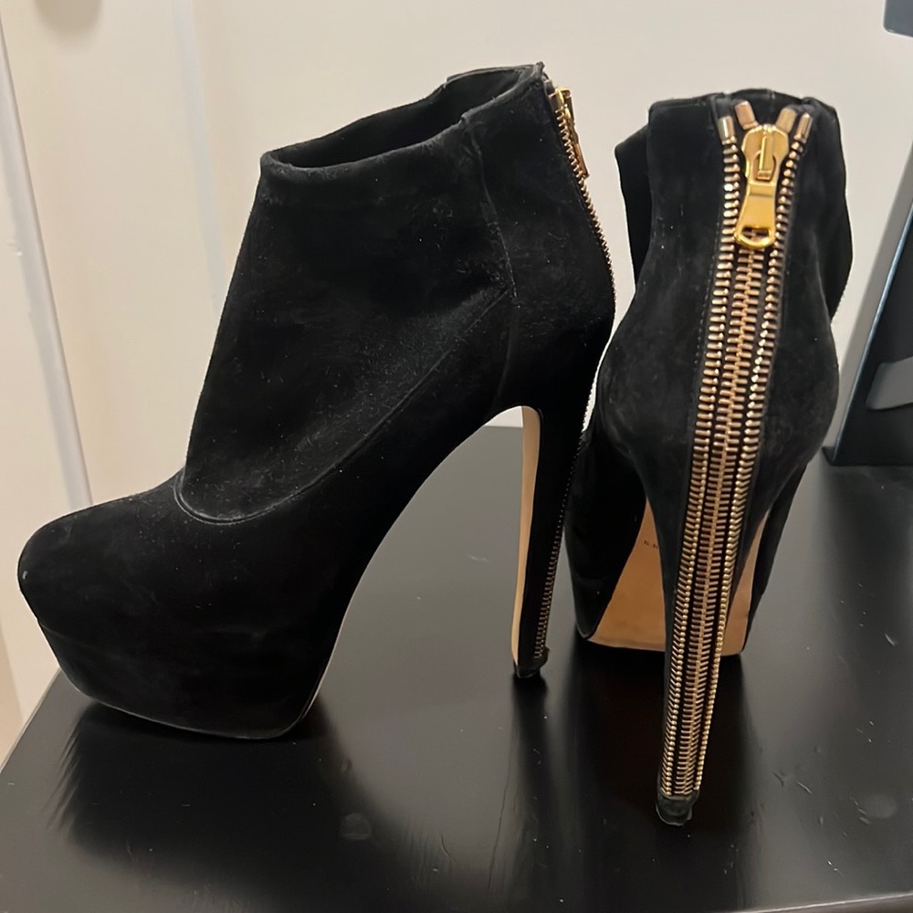 Brian Atwood Platform black booties with gold zipper